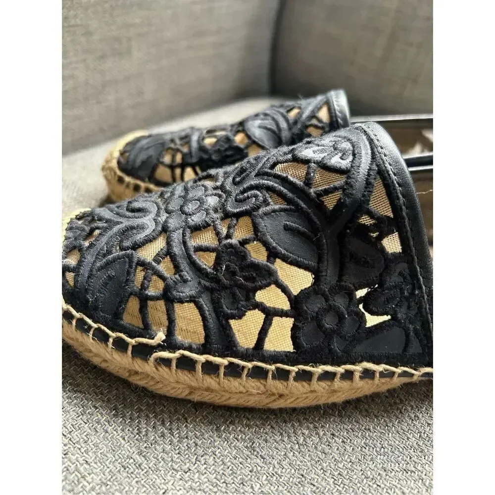 Tory Burch Black Cotton Lace and Leather Jackie Espadrilles